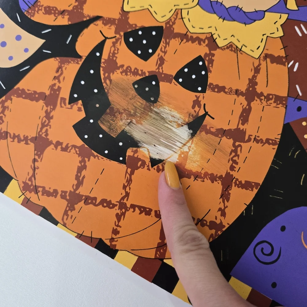VTG Vinyl Happy Harvest Pumpkin Scarecrow Black Cat Farm Place Mat‎ Set of 2 90s